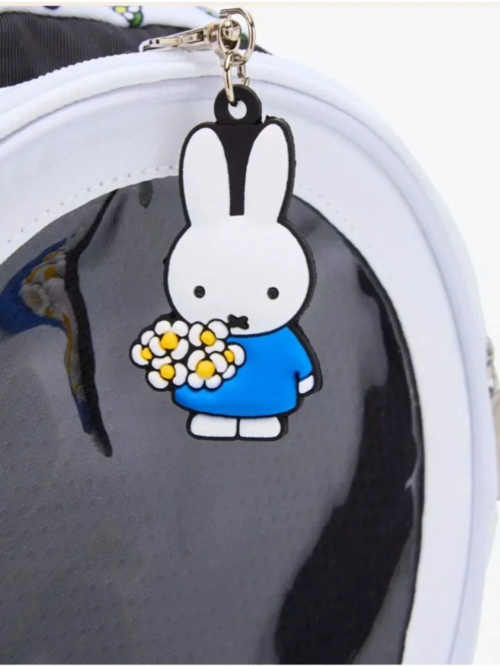 Miffy Floral Print Backpack With Transparent Pocket & Plush Accent